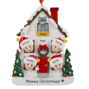 Personalized Family Of 4 With Cat White House And Festive Trees Ornament