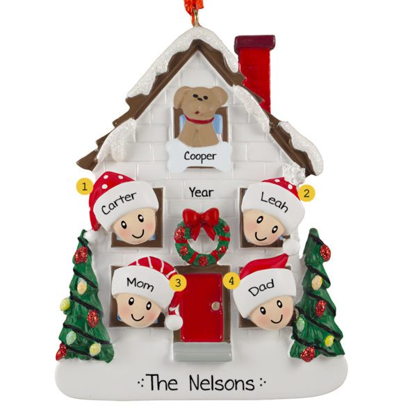 Personalized Family Of 4 And Dog White House With Decorated Trees Ornament