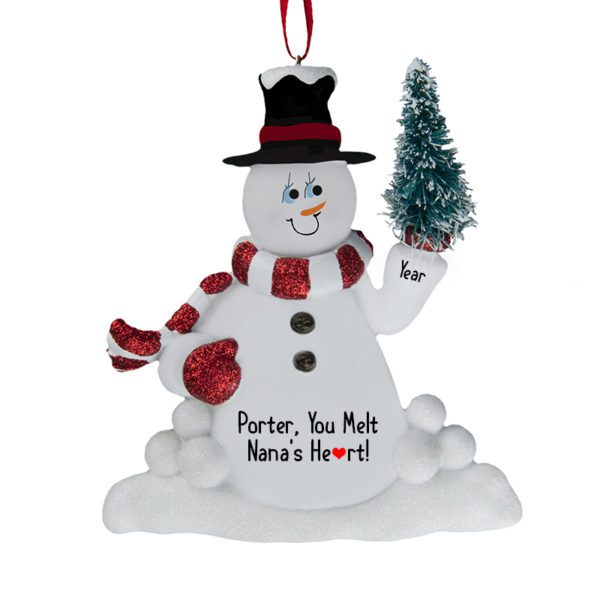 Personalized Grandson Snowman Holding Tree Personalized Ornament