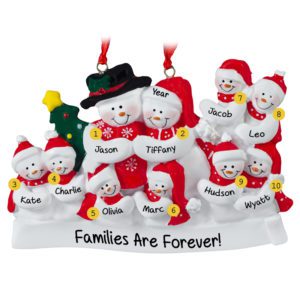 Image of Snow Family Of 10 Red Scarves Personalized Ornament
