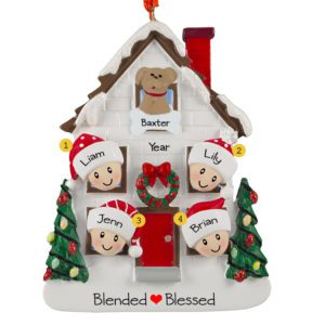 Image of Blended Family Of 4 With Pet White House And Festive Trees Ornament