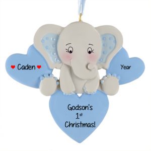 Personalized Godson's 1st Christmas Elephant And Hearts Ornament BLUE