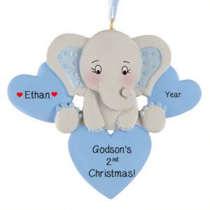 Image of Personalized Godson's 2nd Christmas Elephant And Hearts Ornament BLUE