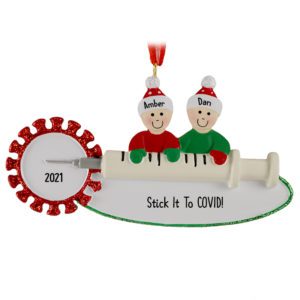 Stick It To COVID Couple On Syringe Glittered Personalized Ornament