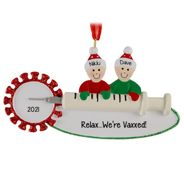 Relax We're Vaxxed Couple On Syringe Glittered Personalized Ornament