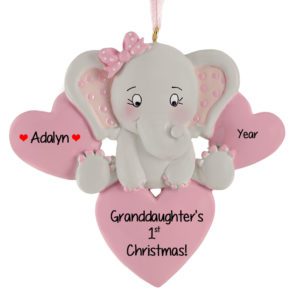 Personalized Granddaughter's 1st Christmas Elephant And Hearts Ornament PINK