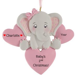 Image of Personalized Baby GIRL'S 2nd Christmas Elephant And Hearts Ornament PINK