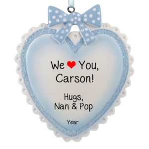 Personalized Grandson Glittered Heart And Bow Ornament BLUE