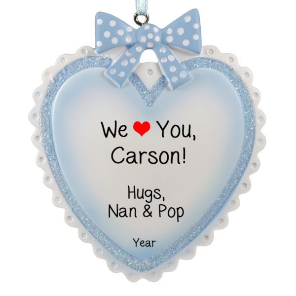 Image of Personalized Grandson Glittered Heart And Bow Ornament BLUE