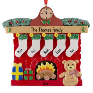 Personalized Family Of 5 Stockings Glittered Red Brick Fireplace Ornament