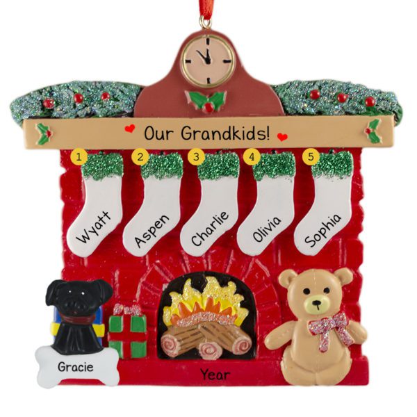 Image of Personalized 5 Grandkids Stockings With Pet Glittered Red Brick Fireplace Ornament