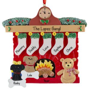 Personalized Family Of 5 Stockings And 2 Pets Glittered Red Brick Fireplace Ornament