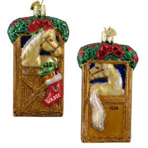 Personalized Tan Horse In Stall With Stocking 2-Sided Glass Ornament