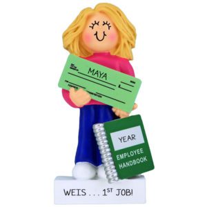 Personalized FEMALE First Job Holding Paycheck Ornament BLONDE