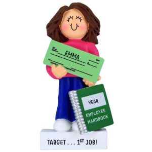 Personalized FEMALE First Job Holding Paycheck Ornament BRUNETTE