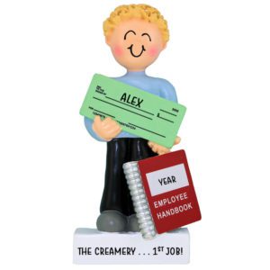 Personalized MALE First Job Holding Paycheck Ornament BLONDE Hair