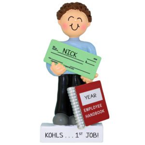 Personalized MALE First Job Holding Paycheck Ornament BROWN Hair