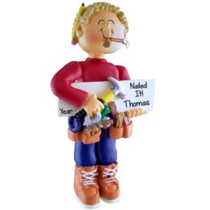 Personalized Male Holding Hammer With Toolbelt Ornament BLONDE