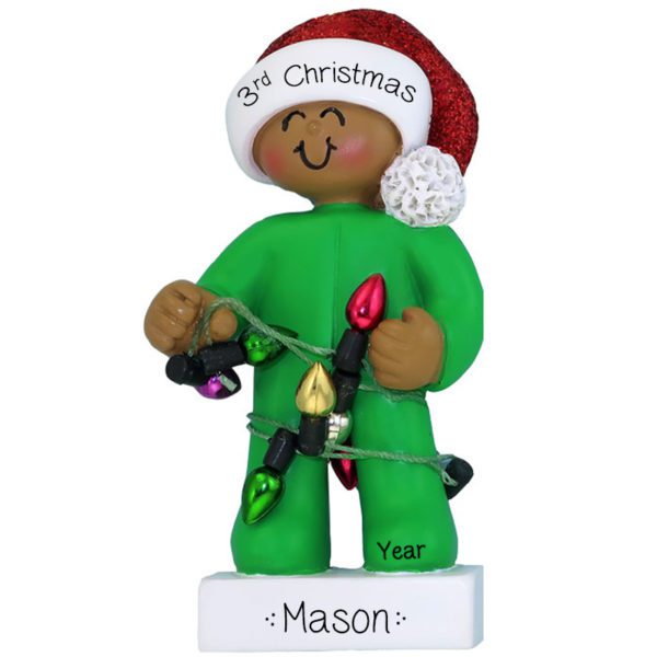 Personalized Boy's 3rd Christmas Green Pajamas And Lights Ornament African American