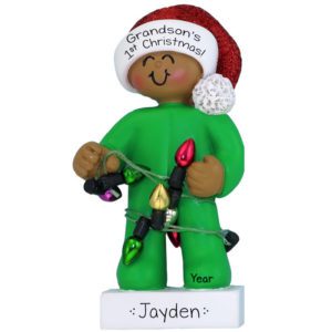 Personalized Grandson's 1st Christmas Green Pajamas Ornament African American