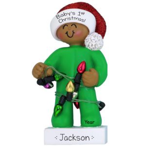 Personalized Baby's 1st Christmas Green Pajamas Ornament African American