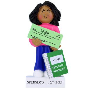 Personalized FEMALE First Job Holding Paycheck Ornament AFRICAN AMERICAN