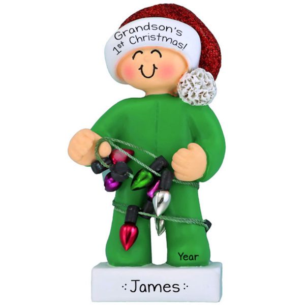 Personalized Grandson's 1st Christmas Green Pajamas Ornament