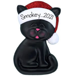 BLACK CAT Wearing Glittered Hat Personalized Ornament