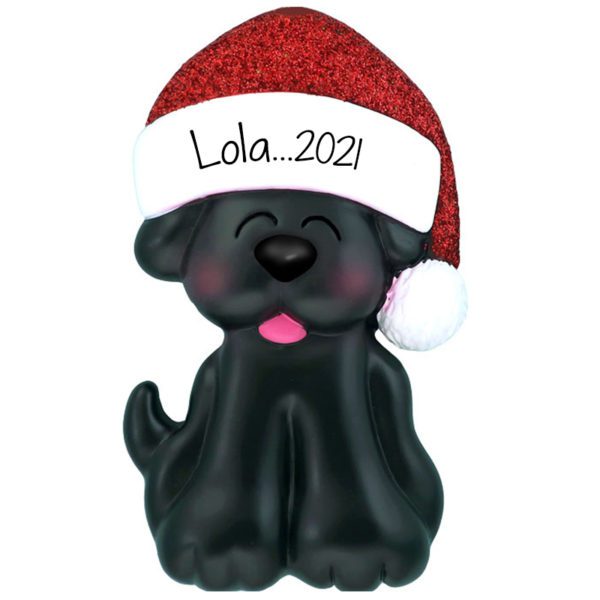 Personalized BLACK DOG Wearing Glittered Hat Ornament
