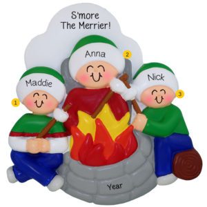Personalized Family Of 3 Around Firepit & Roasting Marshmallows Ornament
