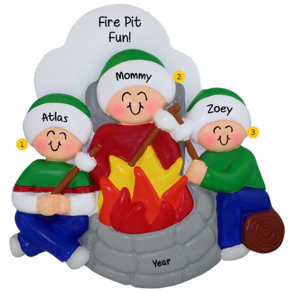 Single Parent And Two Kids Roasting Marshmallows Fire Pit Ornament