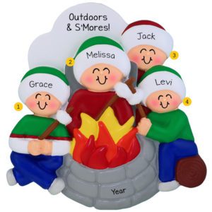 Personalized Family Of 4 Around Firepit & Roasting Marshmallows Ornament