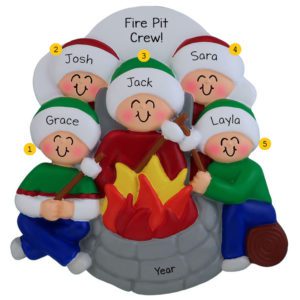 Family Of 5 Around Fire Pit & Roasting Marshmallows Personalized Ornament