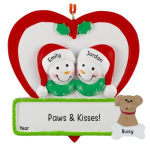 Personalized Snowman Couple With Dog In Red Heart Ornament
