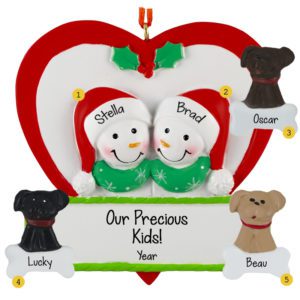 Image of Personalized Snowman Couple With 3 Pets In Red Heart Ornament