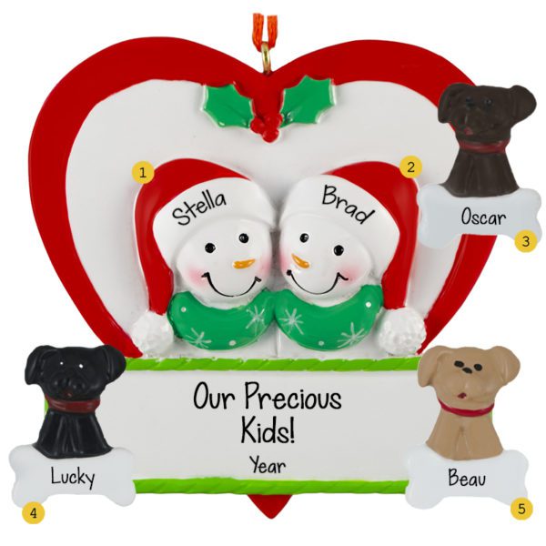 Personalized Snowman Couple With 3 Pets In Red Heart Ornament