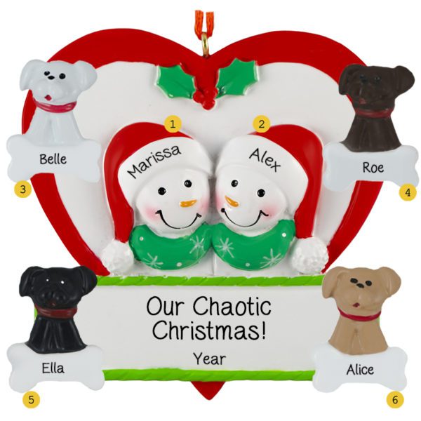 Personalized Snowman Couple With 4 Pets In Red Heart Ornament