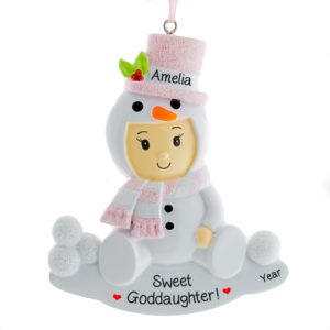 Personalized Sweet Goddaughter Snowbaby Glittered Ornament PINK