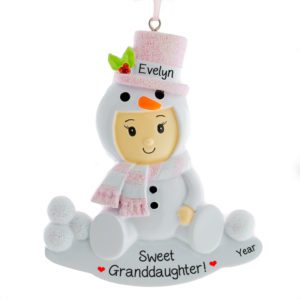 Personalized Sweet Granddaughter Snowbaby Glittered Ornament PINK