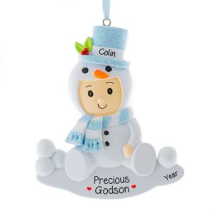 Personalized Precious Godson Snowbaby Glittered Ornament BLUE