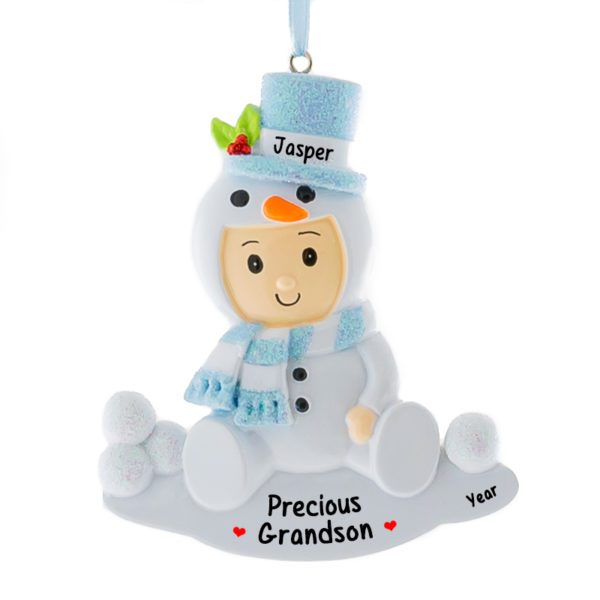 Personalized Precious Grandson Snowbaby Glittered Ornament BLUE