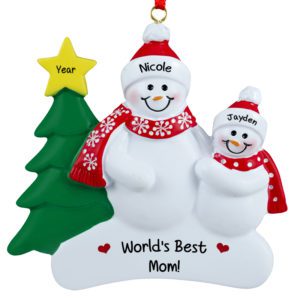 Personalized Mom With Child Snowmen Wearing Scarves Ornament