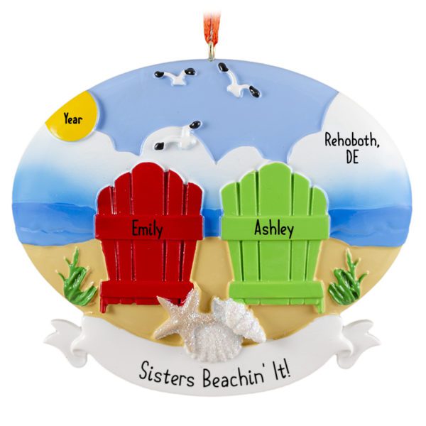 Personalized 2 Sisters At Beach Chairs In Sand Ornament