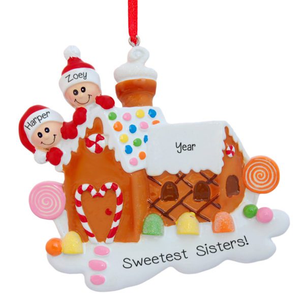 Two Sisters Atop Gingerbread House Personalized Ornament