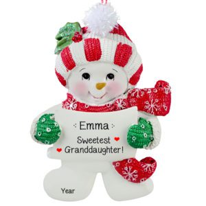 Sweetest Granddaughter Snowgirl Striped Hat Real Pom Pom Personalized Ornament