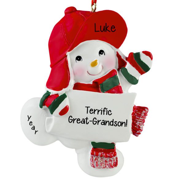Terrific Great Grandson Snowman RED Hat Striped Mittens Ornament