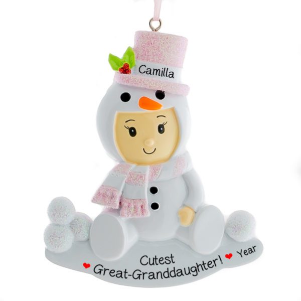 Personalized Great Granddaughter Snowbaby Glittered Ornament PINK