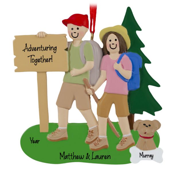 Personalized Hiking Couple With Dog Outdoor Ornament