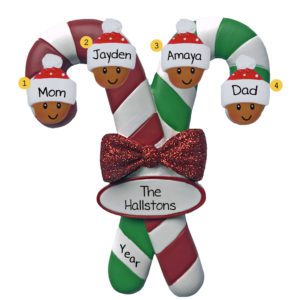 Personalized African American Family Of 4 On Candy Cane Ornament