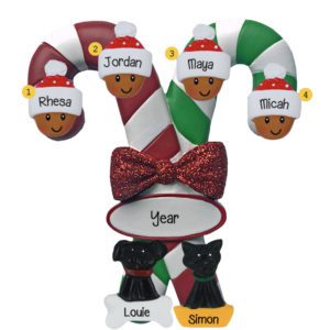 Personalized African American Family Of 4 With 2 Pets Candy Cane Ornament